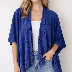 Chico's Blue Laser Cut Open Front Shawl Wrap One Size Boho Indie Layering